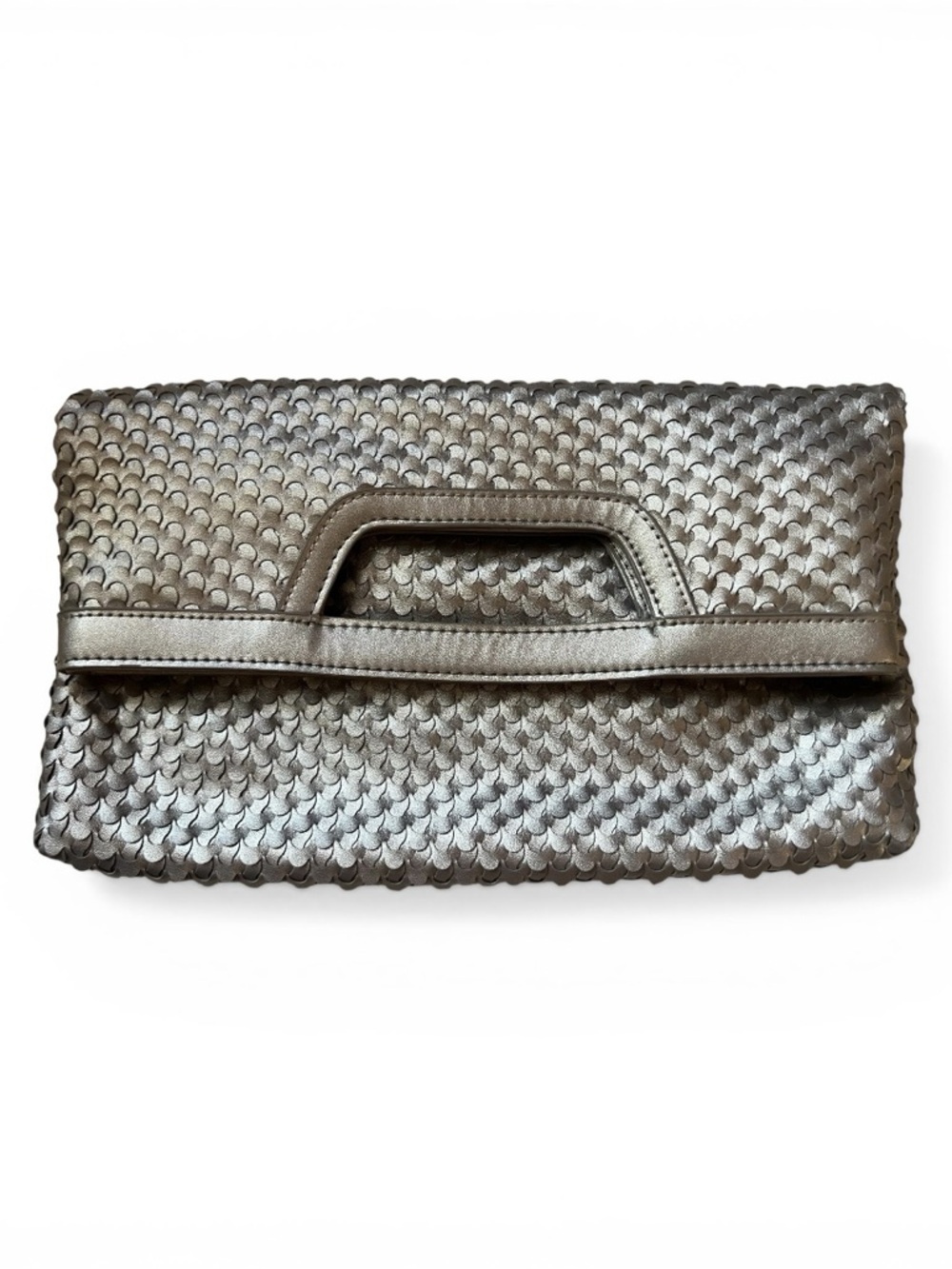 Chico's Metallic Silver Scalloped Foldover Clutch & Top-Handle Handbag